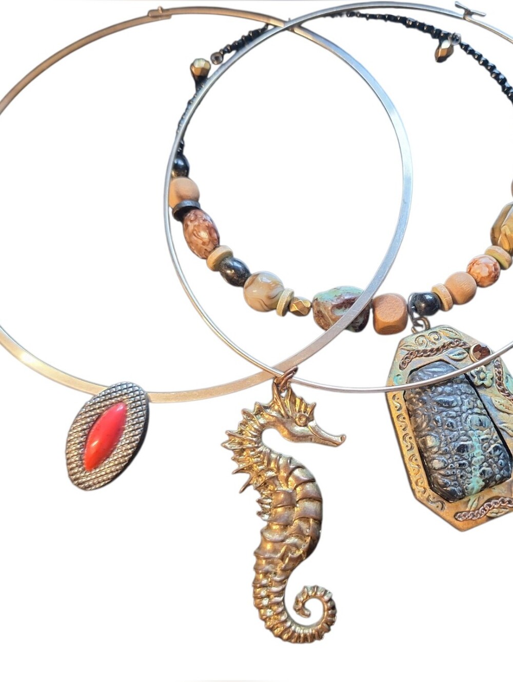 3 Bundle Cuff Style Necklaces with Seahorse Bohemian Coastal Beachy Pendants